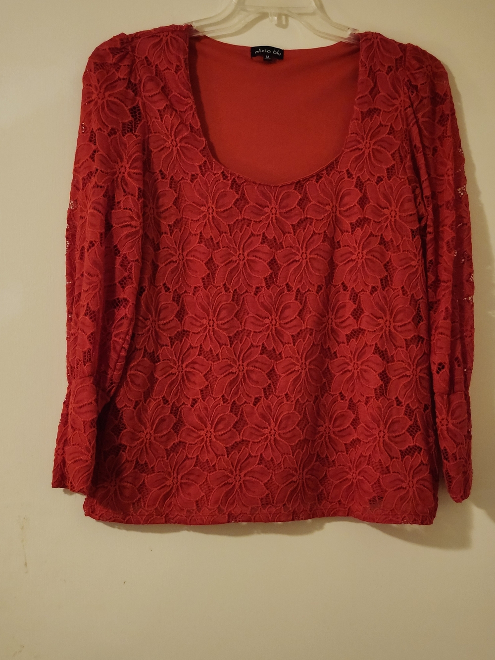 Olivia Blu Romantic Boho Red Floral Lace Scoop Neck Long Sleeve Blouse M